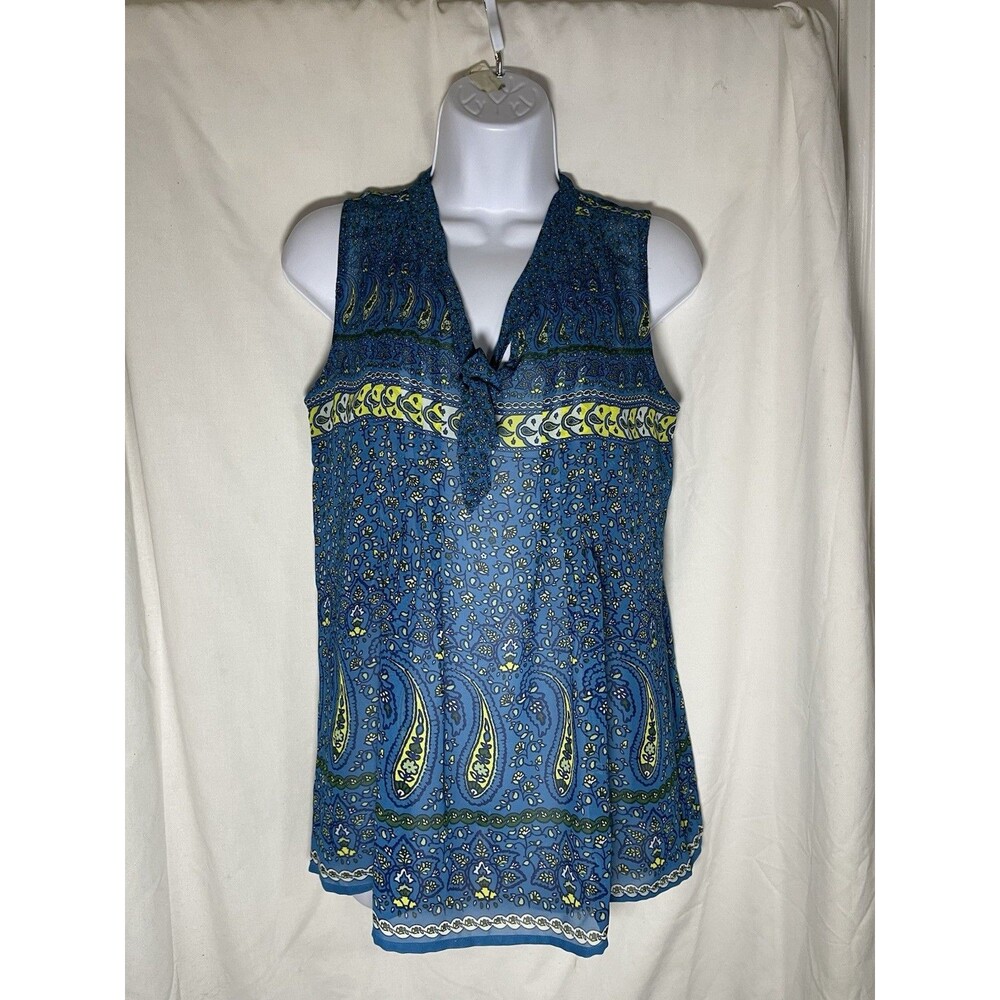 Old Navy Women's Small Blue Floral Paisley Sleeveless Tie-Neck Chiffon Blouse